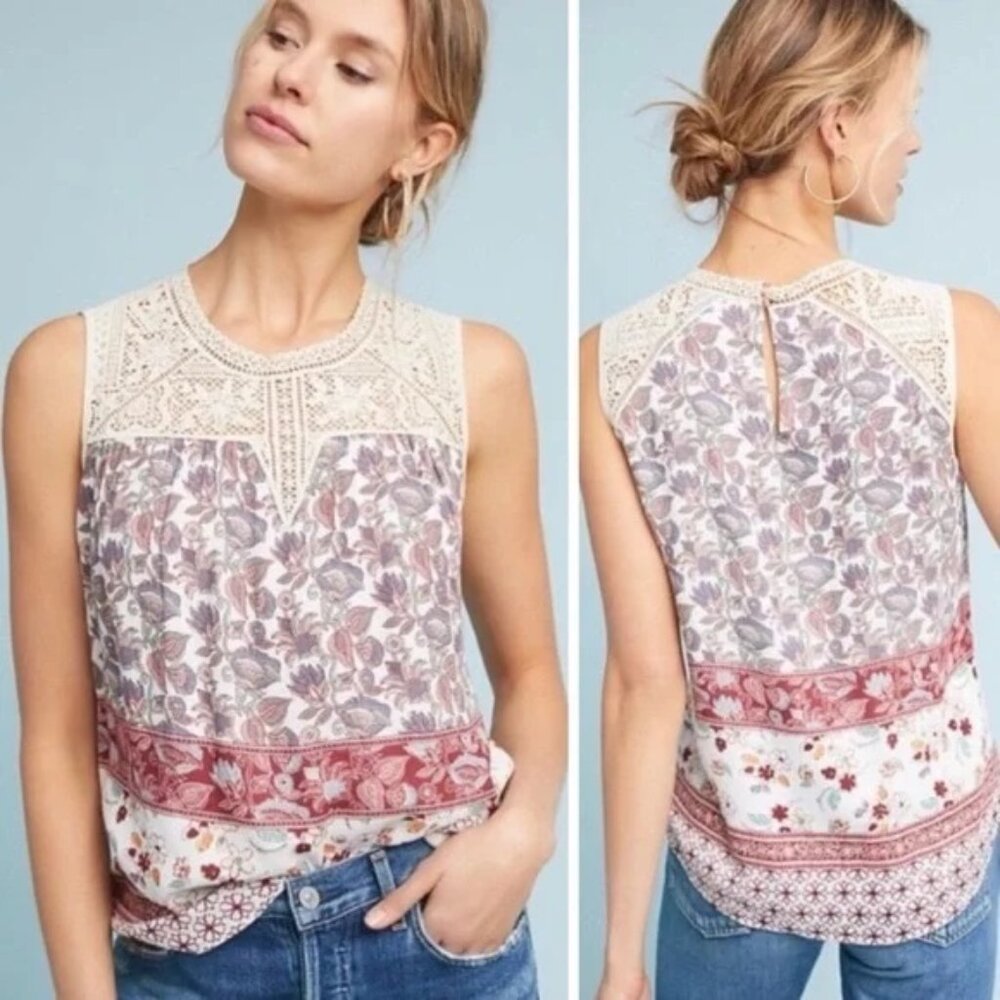 Maeve Anthropologie Laced Eleanor Blouse Floral Sleeveless Boho Size XL Lined